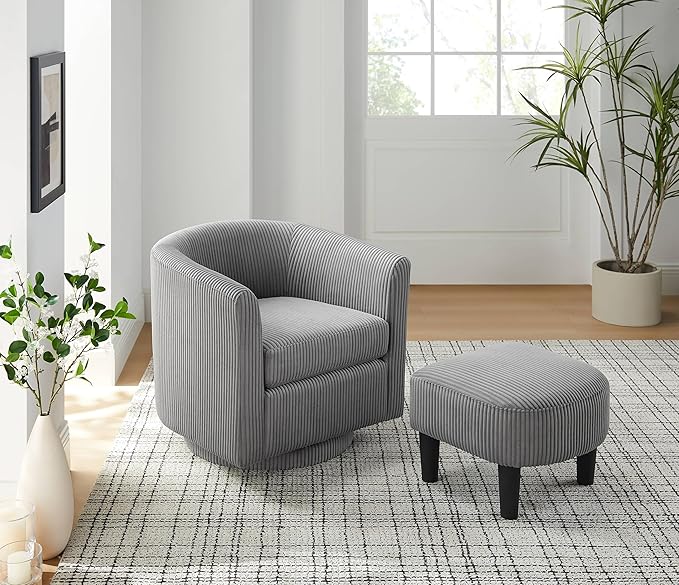 360° Swivel Accent Chair with Ottoman - Comfy Corduroy Recliner Armchair Single Sofa for Living Room &amp Bedroom (Grey)