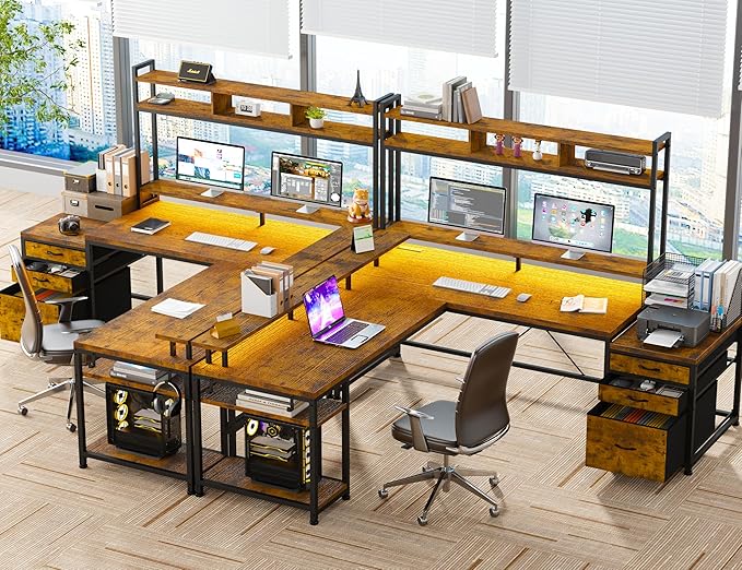 EnHomee 64 x 60 Inches L Shaped Desk with Hutch and Drawers Gaming Desk with Power Outlet &amp Monitor Stand &amp LED Lights Computer Corner Desk Two Person Office Desk for Living Bedroom Rusti