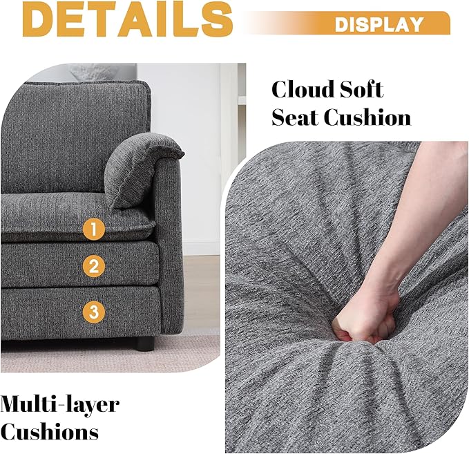 108 Cloud Sectional Couches for Living Room Convertible L Shaped Modular Sectional Sofa with Movable Ottoman 3-Seat Chenille Cloud Couch with Deep Seat for Bedroom Apartment Dark Gray