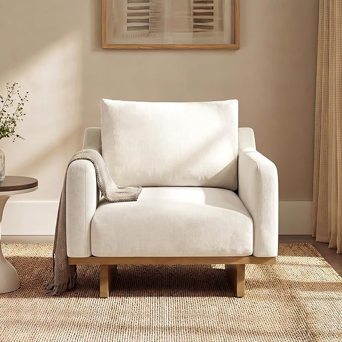 Christopher Knight Home Modern Minimalist Accent Chair with Solid Wood Frame Soft Cushions Spacious Seat Living Room Bedroom Reading Chair Beige