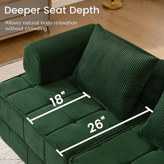 6-in-1 Convertible Sleeper Sofa Bed Corduroy Folding Mattress Couch with Fixed-Shape Frame Modular Foldable Boneless Couch Loveseat Couches with 2 Pillows for Living Room Bedroom Green