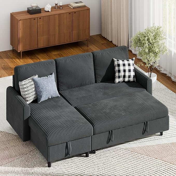 Sofa Bed Couch Sectiona Sofa 4-in-1 Multifunctional Pull-Out Couch Sleeper Sofa Couch with Storage Chaise Pullout Sectional Couches for Living Room/Office/ApartmentDark Gray