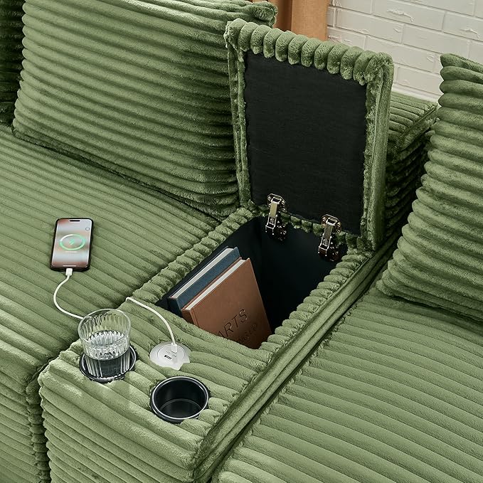 U-Shaped Cloud Sectional Couch Symmetrical Modular Compressed Boneless Sectional Sofa with Chaise Lounges and Console Plush Corduroy Boneless Corner Sofa for Living Room