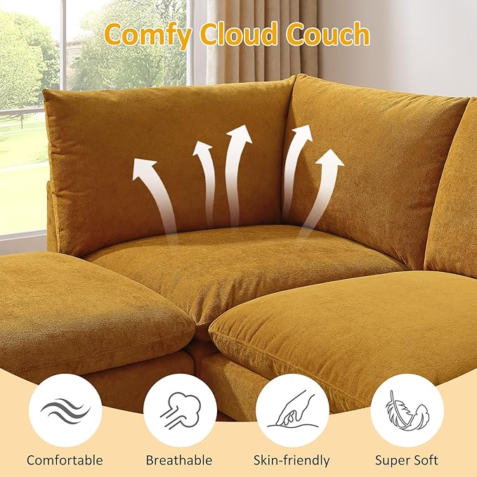 VANOMi 98 Cloud Modular Sectional Sofa Couches for Living Room Oversized Modern Sleeper Sofa with Deep Seat Double-Layer Thick Cushion Movable Ottoman Convertible Upholstered Sofa Set Curry