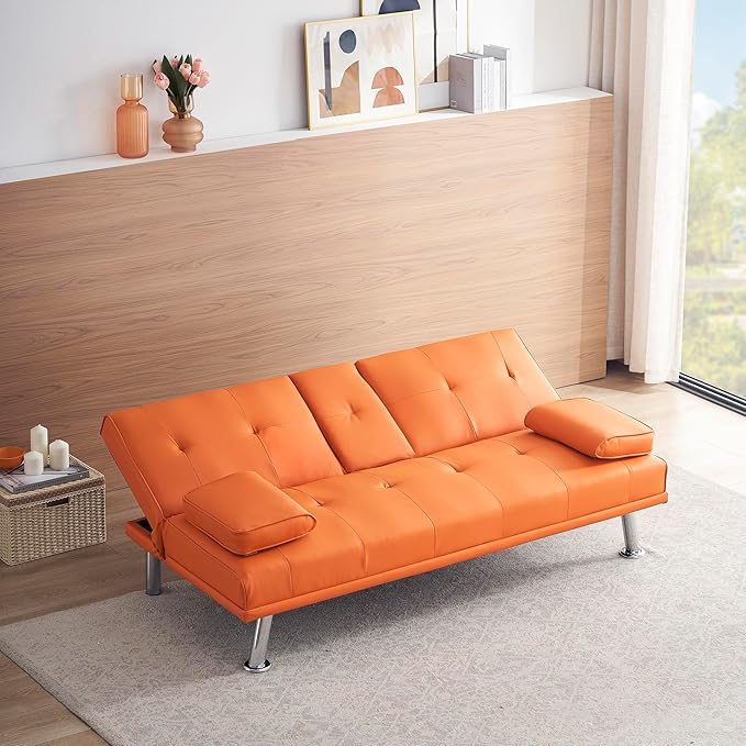 Futon Sofa Bed Modern Folding Couch for Small Space Faux Leather Convertible Loveseat Sleeper Bed Daybed Recliner Lounge Sofas for Living Room2 Cup HoldersMetal LegsRemovable Armrests (Orange)