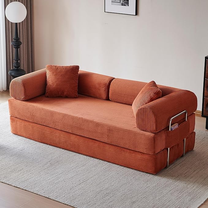 79 Convertible Sleeper Sofa Bed Modern Corduroy Floor Couch Bed with Fixed-Shape Frame Modular Sofa Couch with Pull Out Bed Boneless Loveseat Sleeper Couches for Living Room Orange