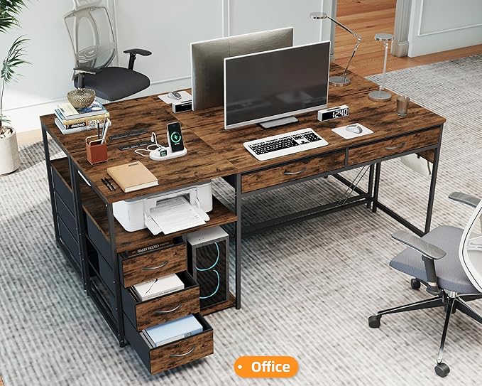 YOSHOOT 60 Computer Desk with 5 Fabric Drawers - Gaming Desk with Storage and Power Outlets Home Office Desk for Adults and Teenagers Working Writing Study Rustic Brown