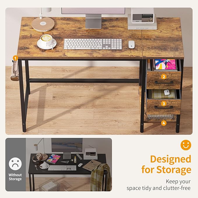 CubiCubi Computer Desk with 2 Drawers 47 Inch Small Home Office Desk Study Writing Table Light Brown