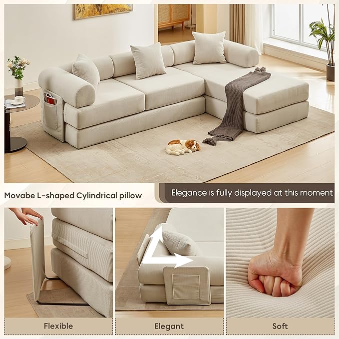 L Shaped Convertible Modular Sofa Bed with Cylindrical Pillow &amp Reversible Chaise Corduroy Folding Floor Sofa Couch Bed with Fixed-Shape Frame &amp Storage Pocket for Living Room Beige