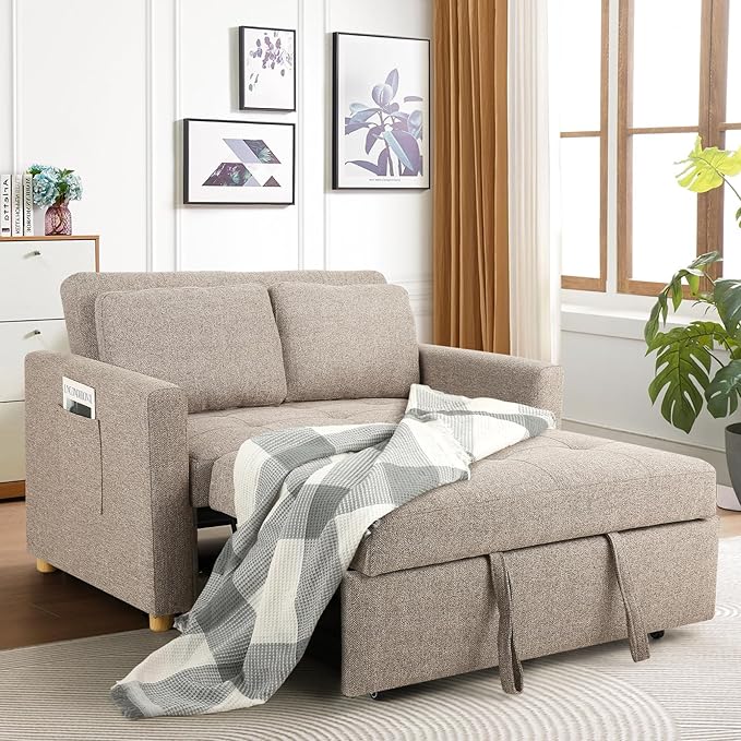 SEJOV 3-in-1 Convertible Sofa Bed Linen Fabric Sleeper Couch Pull Out Bed 49 2-Seater Loveseat Futon Sofa with Spring Support Adjustable Backrest and Pillows for Small Spaces Living Room