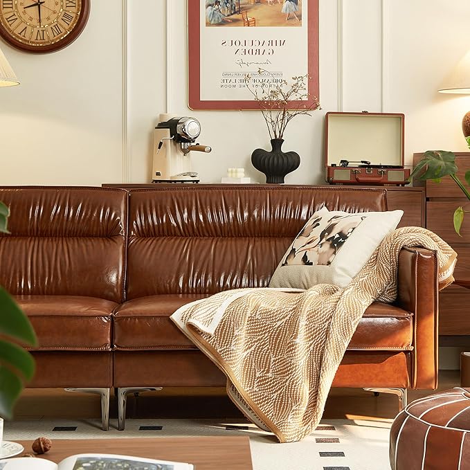 Mid-Century 3-Seater Faux Leather Sofa with Removable Backrest and Cushions Vintage Modern Lounge Couch for Office Apartment Living Room Bedroom with Sturdy Metal Legs - 86.61 Inches Brown