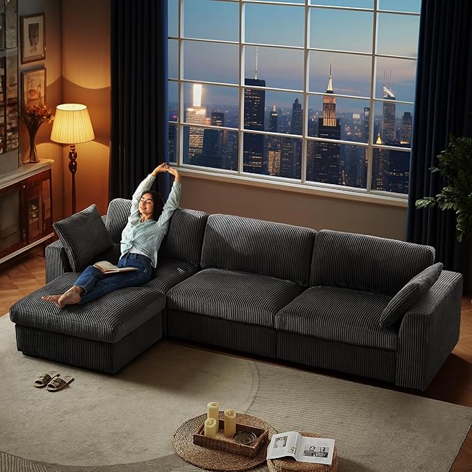 130 Sectional Couches for Living Room Boneless Couch Upholstered Cloud Couch Sectional Modular Sectional Sofa with L Shaped (Dark Grey 3 Seat+1 Ottoman)