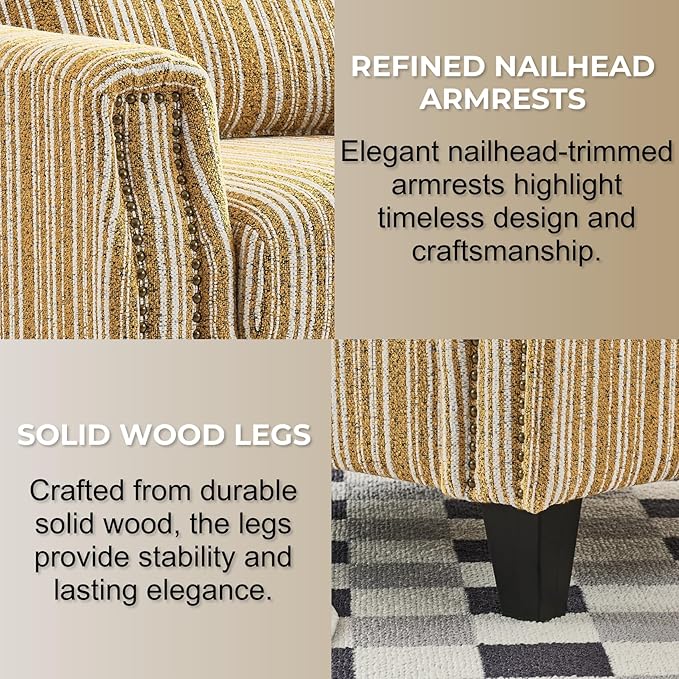 Stripes Accent Chair Modern Upholstered Boucle Fabric Armchair Single Sofa with Wood Legs for Living Room Patio Yellow Stripes.