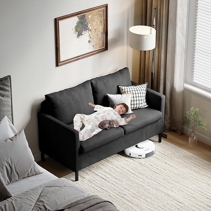 TYBOATLE Modern Linen Fabric Small Couches for Small Spaces Comfy Upholstered Love Seat for Bedroom 2 Seater Mini Couch for Apartment Dorm Office Dark Grey