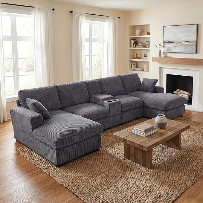 126 U Shaped Sofa Modular Sectional Sofa with Chaise Lounges Modern Couch with Storage Console USB Charging Ports &amp Cup Holders Corduoy Upholstered Deep Seat Couch for Living Room Grey | sto