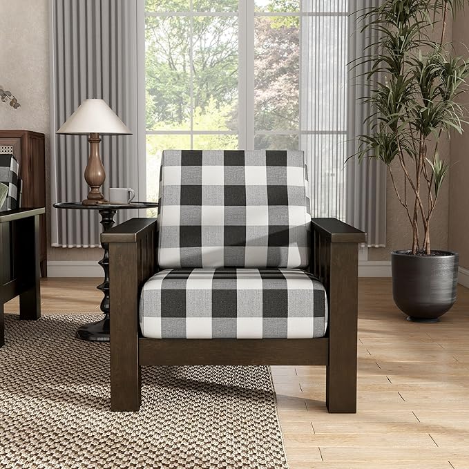 Furniture of America Gavik Modern Solid Wood Arm Chair with Plaid Removable Cushions Black and White Upholstery Fabric Comfortable Upholstered Seating for Living Room Guest Room Dark Walnut