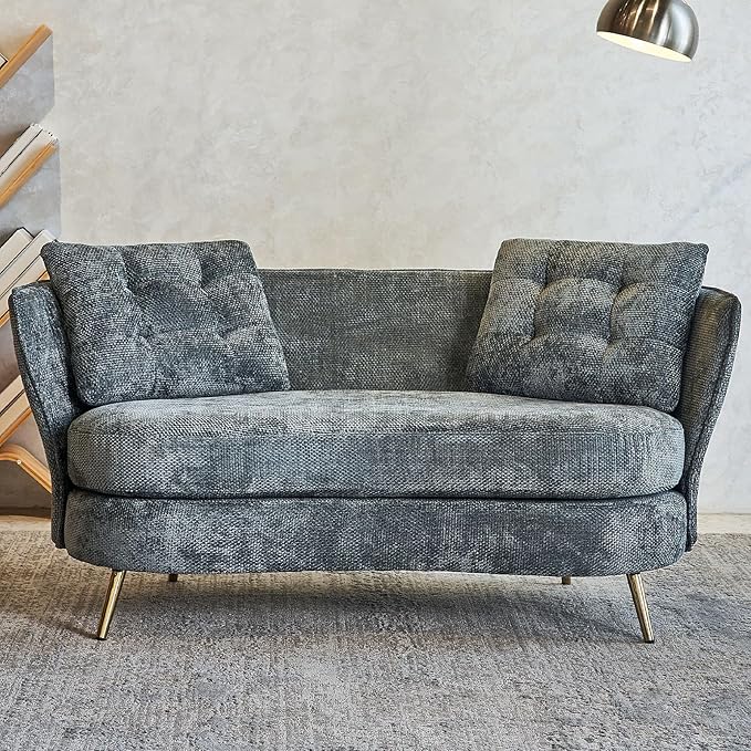 64 Inch Curved Loveseat Small Loveseat Sofa for Small Space Modern Couch &amp Office Sofa for Bedroom Livingroom 2 Pillows Gold Legs (Grey)
