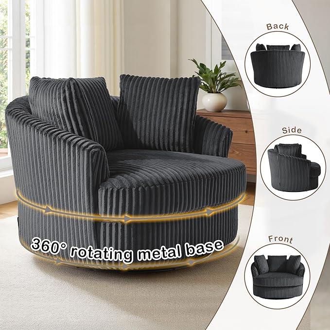 Oversized Round Swivel Barrel Accent Chair with Pillows Comfy Modern Chaise Lounge Sofa Indoor for Living Room Bedroom (Dark Grey Set of 1)