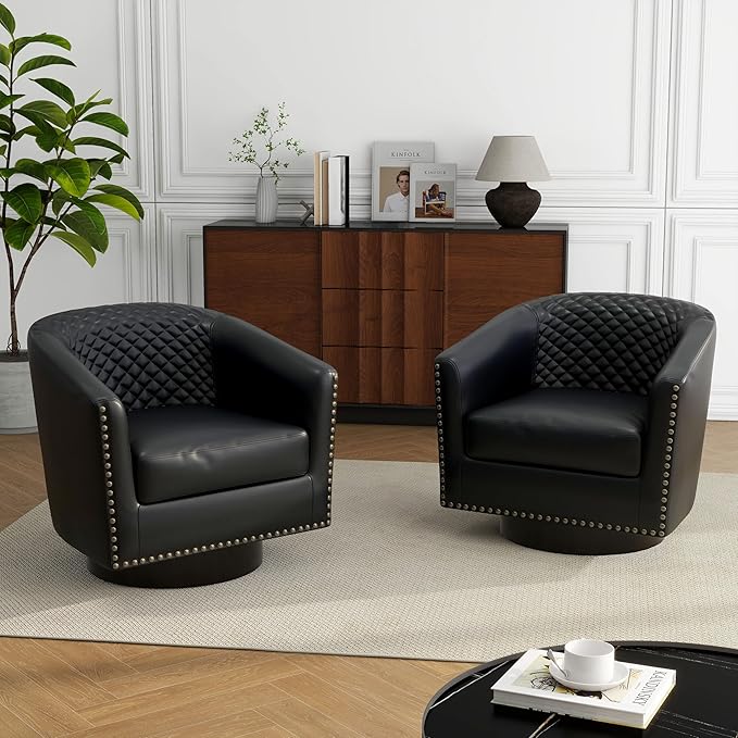 Swivel Barrel Accent Chair Comfy Modern Upholstered Round Faux Leather Arm Chair for Living Room Bedroom（Black Set of 4