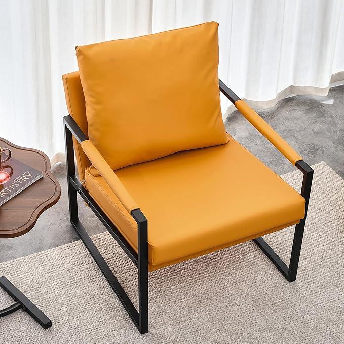 PU Leather Accent Arm Chair Mid Century Upholstered Armchair with Metal Frame Extra-Thick Padded Backrest and Seat Cushion Sofa Chairs for Living Room (Orange PU Leather + Metal Frame + Foam) SF-008