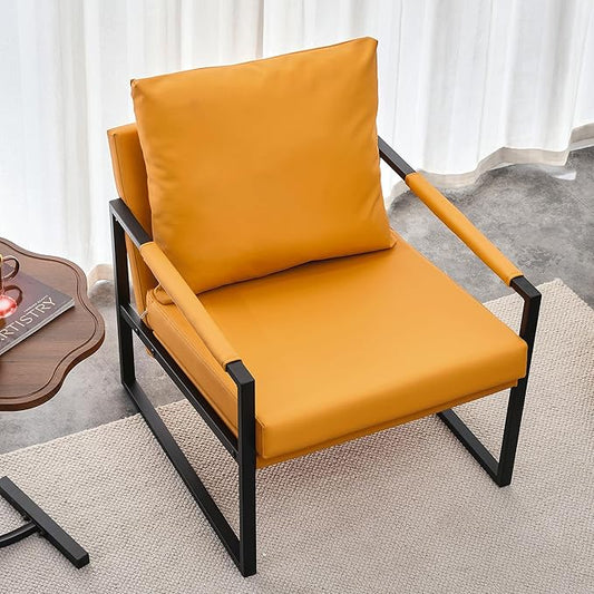 PU Leather Accent Arm Chair Mid Century Upholstered Armchair with Metal Frame Extra-Thick Padded Backrest and Seat Cushion Sofa Chairs for Living Room (Orange PU Leather + Metal Frame + Foam) SF-008