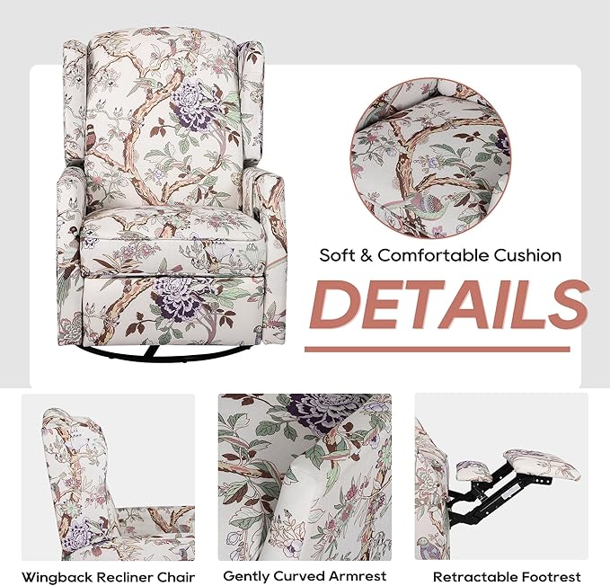 Swivel Rocker Recliner Chair with Patterned Fabric 360° Swivel &amp Gentle Rocking Motion Wingback Reclining Chair for Adults Living Room Accent Rocker Armchair with Push-Back Recline (Print)