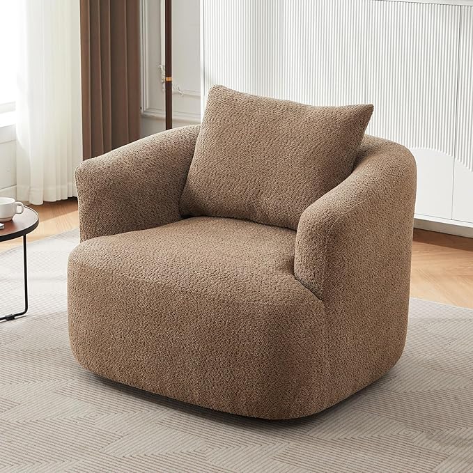 38.2 Swivel Accent Chair Blown Boucle Upholstered Armchair Comfy Single Cloud Sofa Chair with Ergonomic Armrests &amp Throw Pillow for Nursery Living Room &amp Offices(Brown)