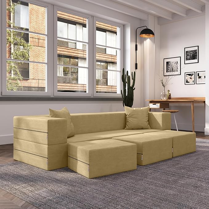 Jaxx Zipline Convertible Sleeper Sofa &amp Three Ottomans/California King-Size Bed Textured Microvelvet - Camel