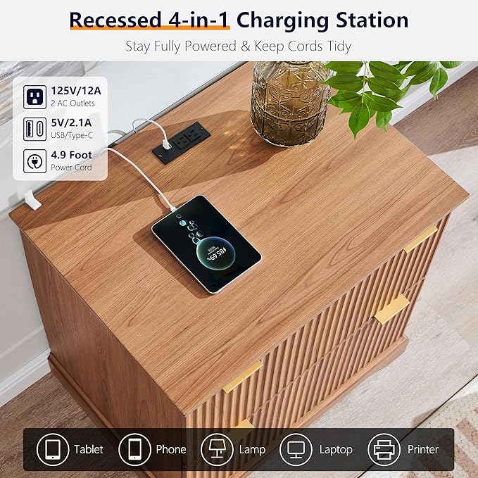 JXQTLINGMU 2 Drawer File Cabinet with Charging Station 30 Fluted Lateral File Cabinet w/Files Hanging Rod for Letter/Legal/A4 Large Tabletop for Printer Office Wood Printer Cabinets Dark Grain