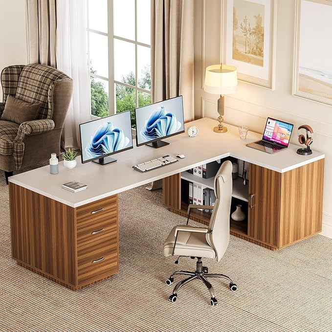 LITTLE TREE 87-Inch Modern Executive Desk with File Cabinet Large Home Office Desk with Drawers 3-Drawer Wooden File Cabinet Spacious Workstation for Home Office (White &amp Brown)