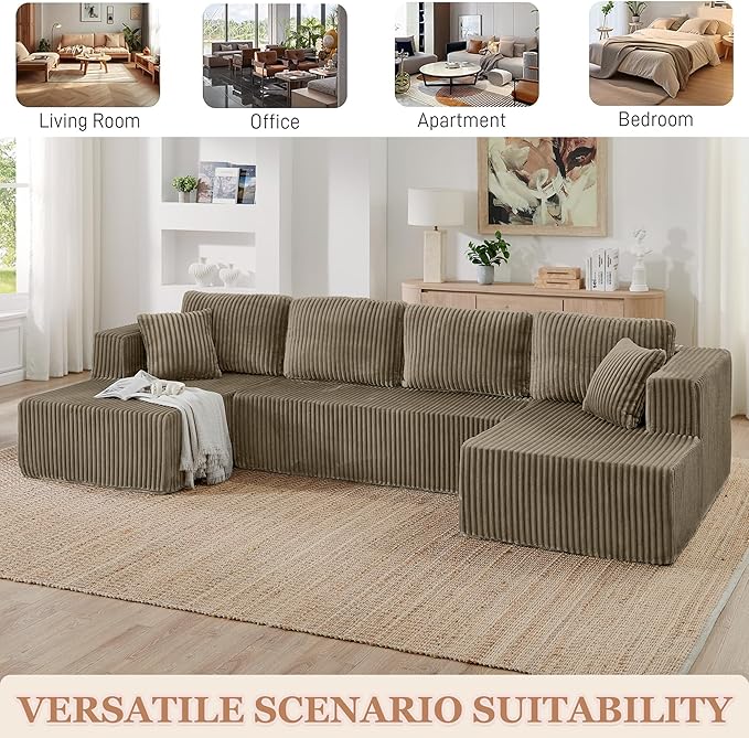 132 Boneless Sectional Cloud Couch Sofa for Living Room U-Shaped Couch with Double Chaise Lounge Comfy Memory Foam Modular Sofas Couches for Living Room (Brown 132.48 U-Shaped)