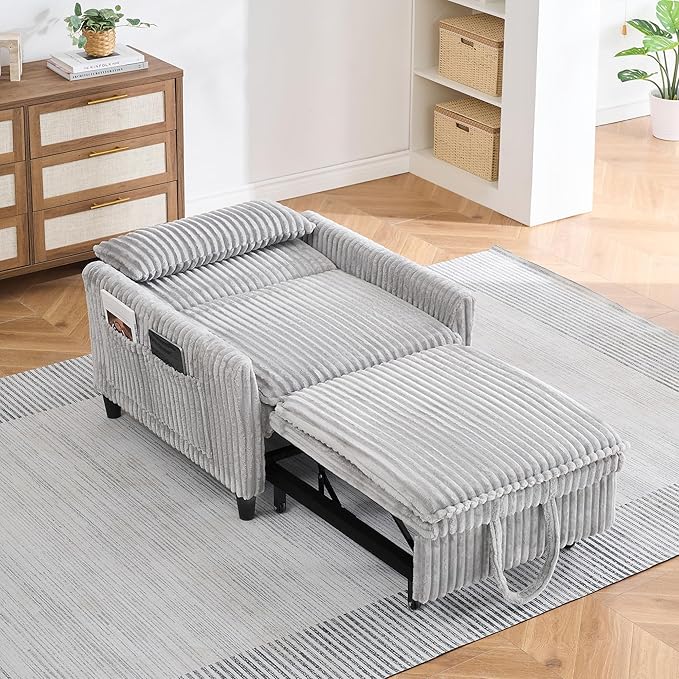 Modern Corduroy Fabric Sofa Bed Futon3 in 1 Convertible Pullout Bed Sleeper Couches with 3 Reclining BackrestsSmall Sofa Chair Bed for Living Room Bedroom (Light Grey)