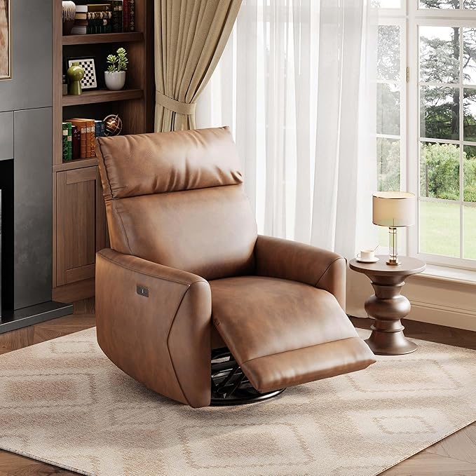 GAOMON Power Recliner Chair Swivel Glider Faux Leather Upholstered Nursery Rocker Reclining Sofa Chair with Charging Port Curved Armrests &amp Padded Backrest for Living Room and Bedroom (Light Brow
