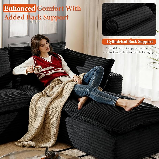 110 Sectional Couches for Living Room Boneless Couch Upholstered Cloud Couch Sectional Modular Sectional Sofa with L Shaped (Corduroy-Black 3 Seat+1 Ottoman)