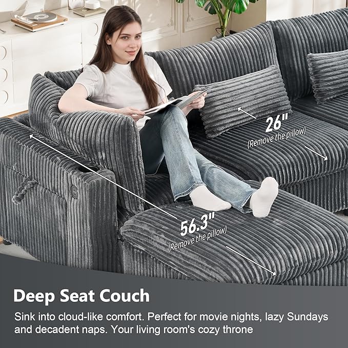 130 Oversized Cloud Couch Large Modular Sectional Sofa Modern U Shaped Sectional Couch 6 Deep Seat Sofa Set for Living Room Comfy Corduroy Cloud Sofa with Ottoman USB Port Cup Holder Dark Grey