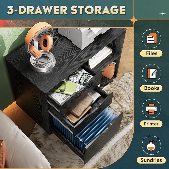 DEVAISE 3-Drawer Wood File Cabinet Mobile Lateral Filing Cabinet Printer Stand with Open Storage Shelves for Home Office Black