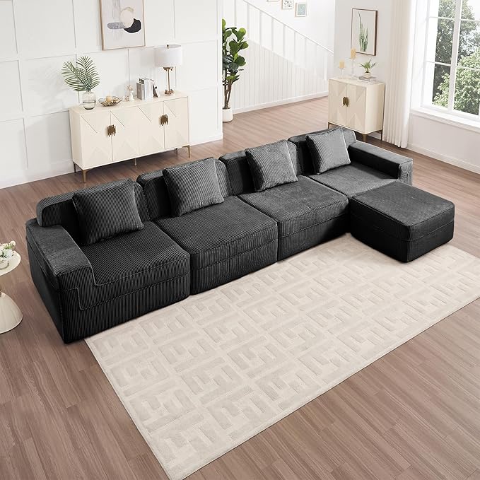 153.5 Boneless Sofa with Ottoman L-Shape Corduroy Fabric Sectional Couch Couch in a Box for Living RoomNo Assembly Required