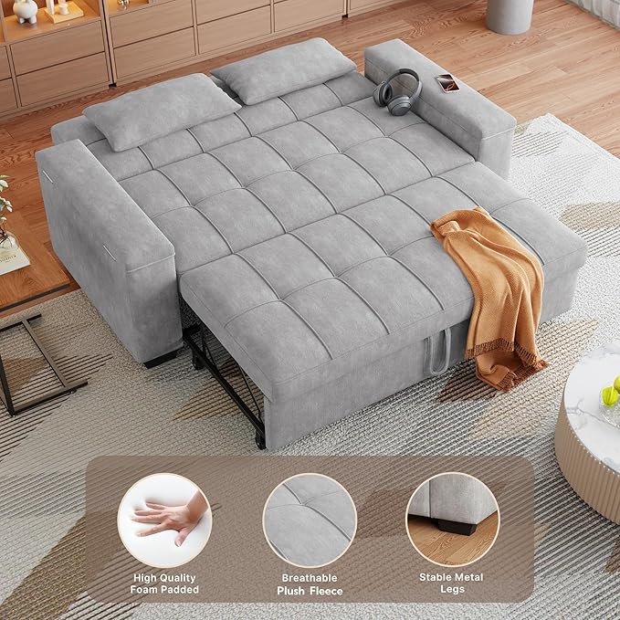Gizoon Convertible Sofa Bed Futon Queen Size Sleeper Loveseat with Pull Out Couch 3 in 1 Plush Fleece Fabric Futon Couch with Side Pockets Storage Armrest &amp Adjustable Backrest for Living Room