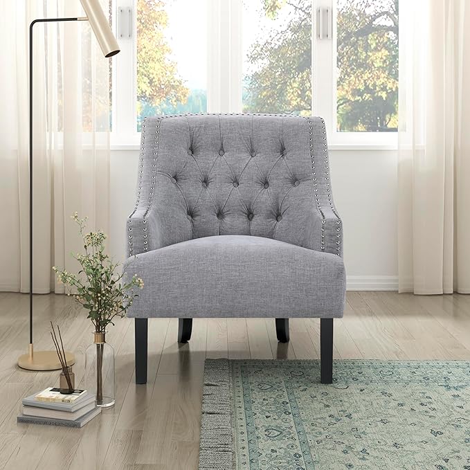 Lexicon Accent Chair Reading Chair Comfy Chair for Bedroom Upholstered Armchair with Solid Wood Frame Tufted Cushion Nail Head Trim Single Sofa Chair for Living Room Office Grey Chenille