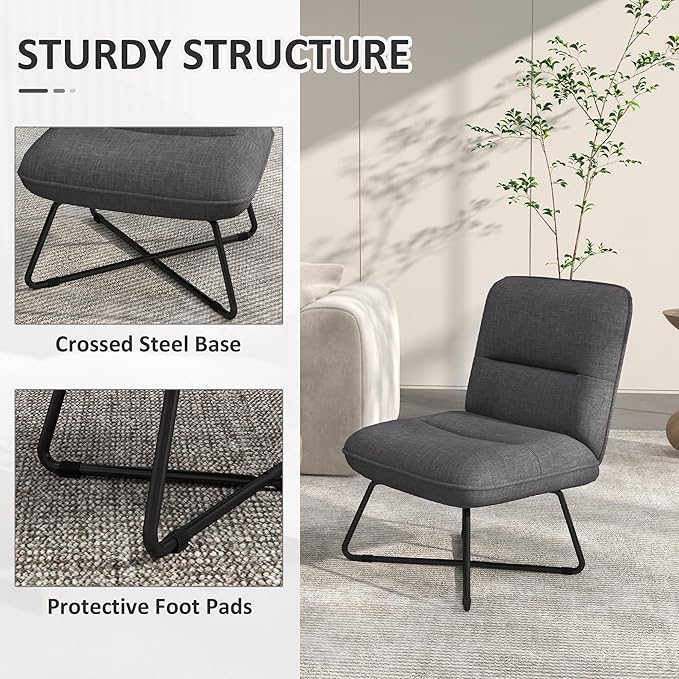 Armless Accent Chair Upholstered Slipper Chair for Living Room with Crossed Steel Legs Dark Gray