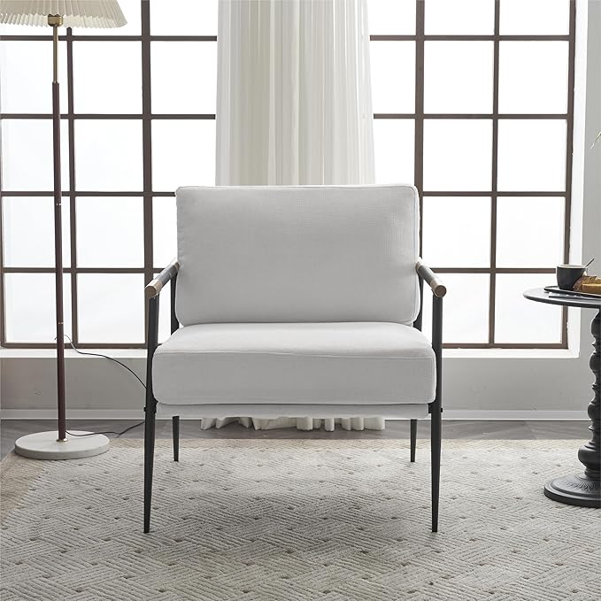 Modern Chic Accent Chair with Metal e Upholstered Chenille Living Room Chair with Removable Seat and Back Cushion Comfy Reading Chair for Bedroom White GH427