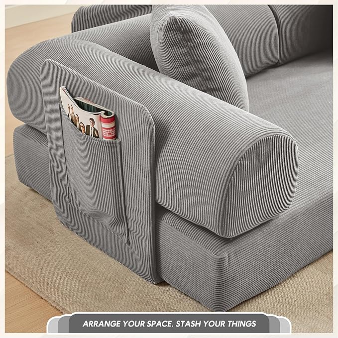 L Shaped Convertible Modular Sofa Bed with Cylindrical Pillow &amp Reversible Chaise Corduroy Folding Floor Sofa Couch Bed with Fixed-Shape Frame &amp Storage Pocket for Living Room Grey