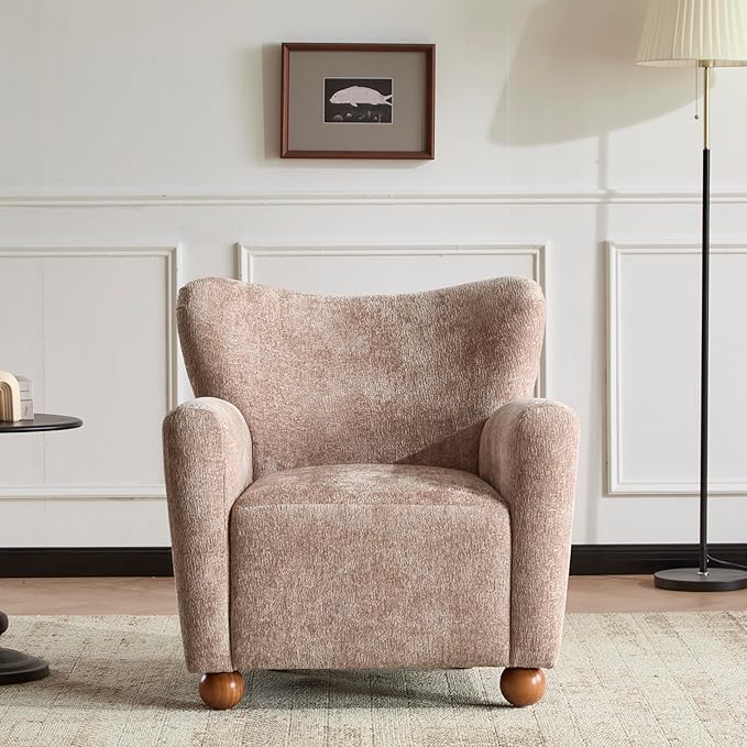 Christopher Knight Home Lindy Wingback Accent Chair Upholstered Armchair with Rounded Wooden Legs Curved Backrest Single Sofa Soft Cushion Seating Comfy Lounge Chair for Living Room Beige Brown