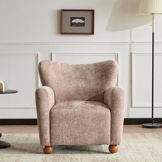 Christopher Knight Home Lindy Wingback Accent Chair Upholstered Armchair with Rounded Wooden Legs Curved Backrest Single Sofa Soft Cushion Seating Comfy Lounge Chair for Living Room Beige Brown
