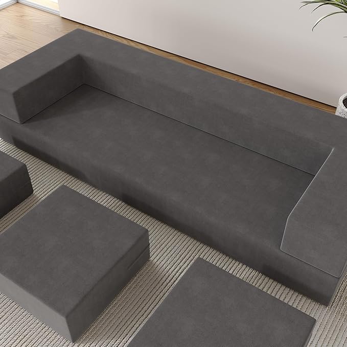 Floor Sofa Bed Queen Velvet Folding Sofa Couch with 3 Ottomans Sleeper Foam Couch with Removable Cover Futon Convertible Sofa Bed for Living Room/Guest/Play Room/Office/Dorm(Dark Grey)