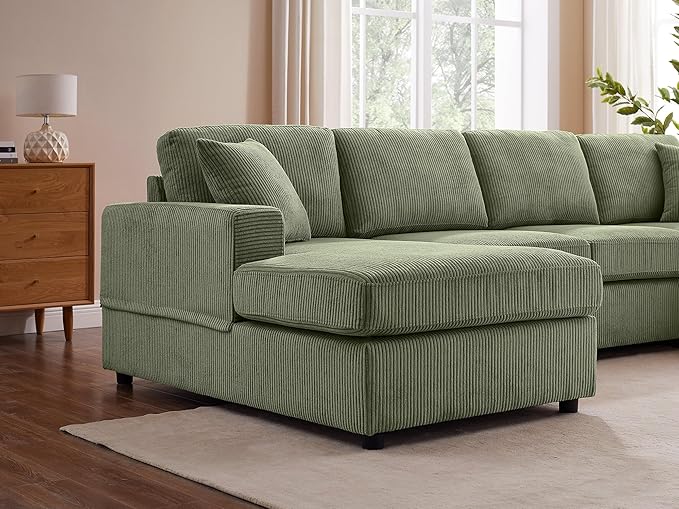 VANOMi 118'' U Shaped Sectional Sofa Couch Corduroy Fabric Modern Cozy Jumbo Size 4-Seater Living Room Couch Double Chaise Longue Olive