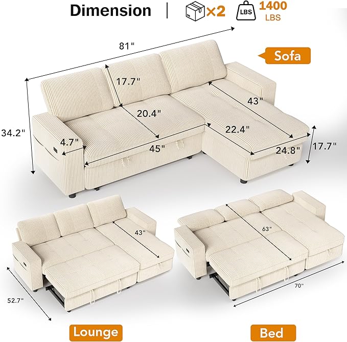 WEUP 81 Sectional Sofa with Pull Out Bed L Shaped 3 Seat Sleeper Sofa with Storage Adjustable Backrest USB Ports Tool-Free Assembly Plush Corduroy Sectional Couches for Living Room Beige | Brea