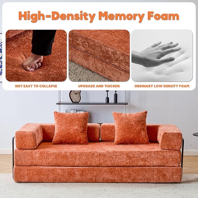 77 Convertible Sleeper Sofa Bed with Fixed-Shape Frame Modern Chenile Folding Boneless Couch with 2 Pillows Comfy Floor Sofa Couch for Living Room No Assembly Required Orange