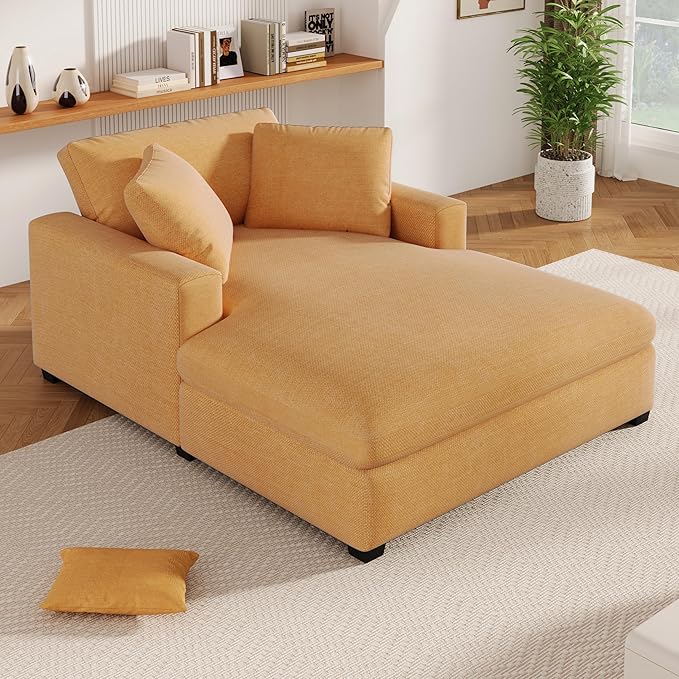Christopher Knight Home Larrz Oversized Chaise Lounge Chair Indoor Cozy Upholstered Sleeper Sofa Couch Durable Wood Frame Deep Seat Reading Chair with 2 Throw Pillows and Armrests Yellow