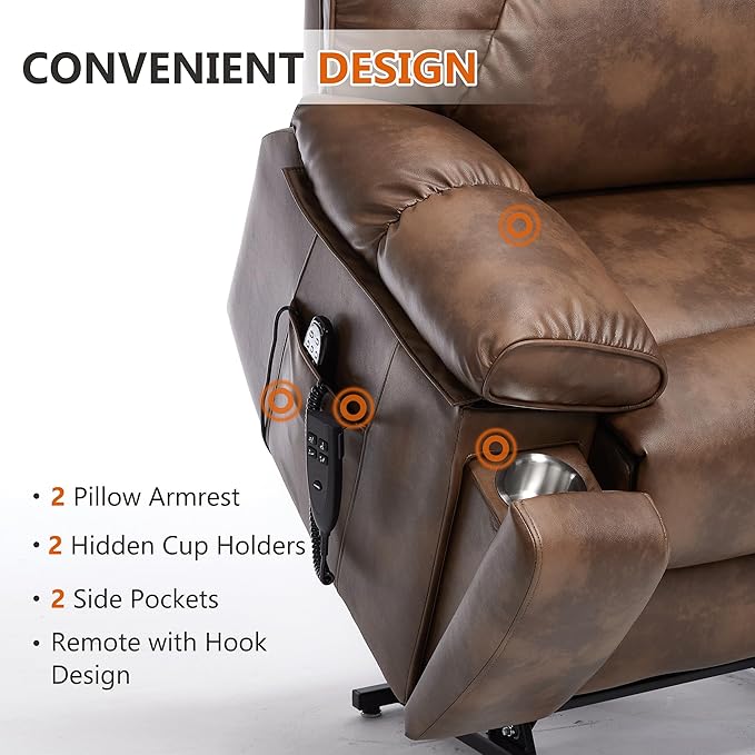 Oversized Power Lift Recliner Chair for Elderly Dual Motor Lift Chair with Vibration Massage &amp Lumbar Heating Standing Assistance Recliner with Cup Holders for Living Room - Faux Leather Brown